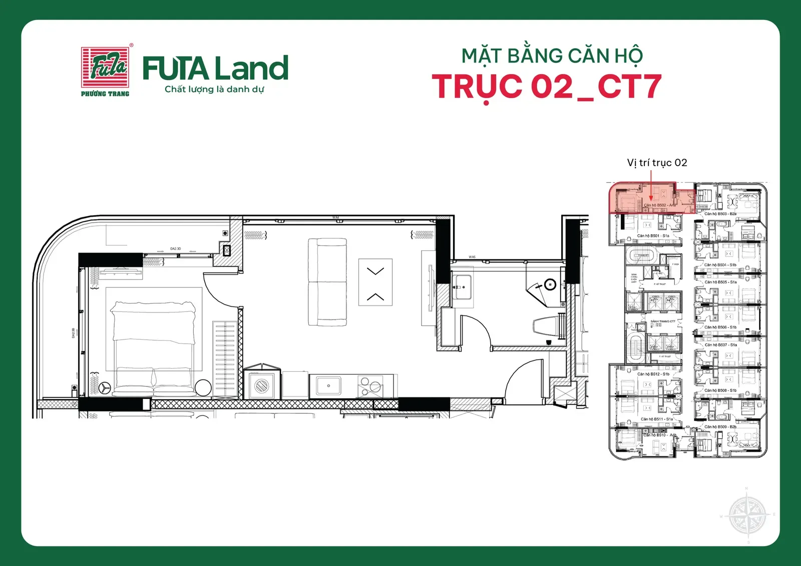 Mặt bằng căn 1 phòng ngủ tòa CT7, khoảng 51,6 m²