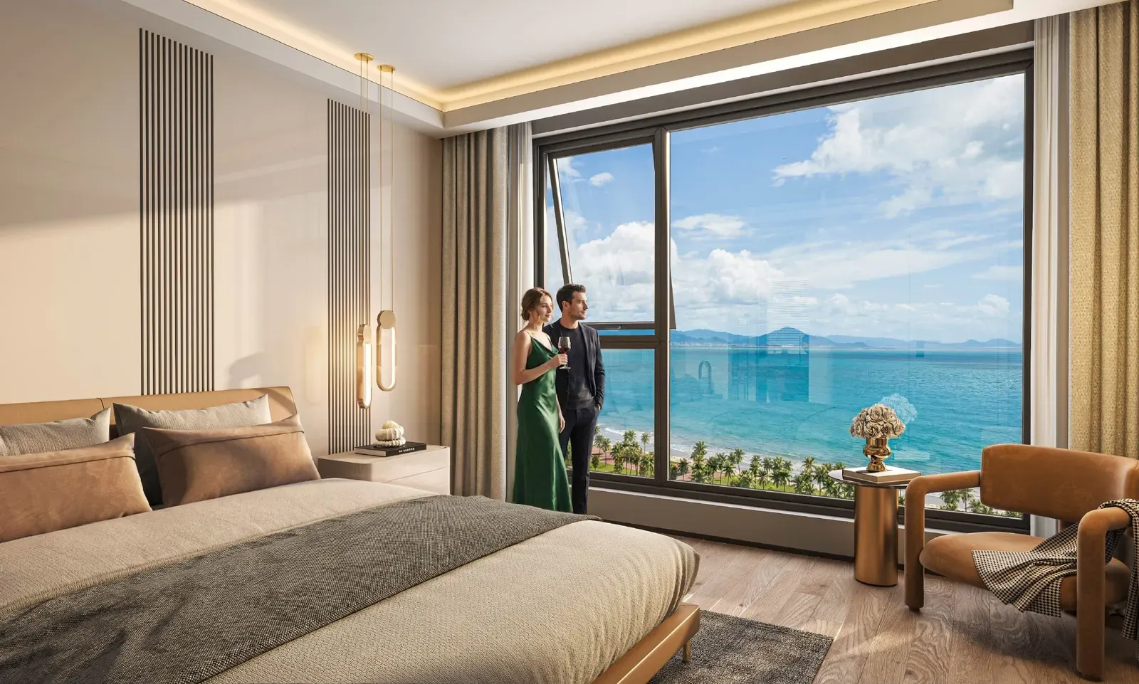 Phối cảnh phòng ngủ nhìn ra biển