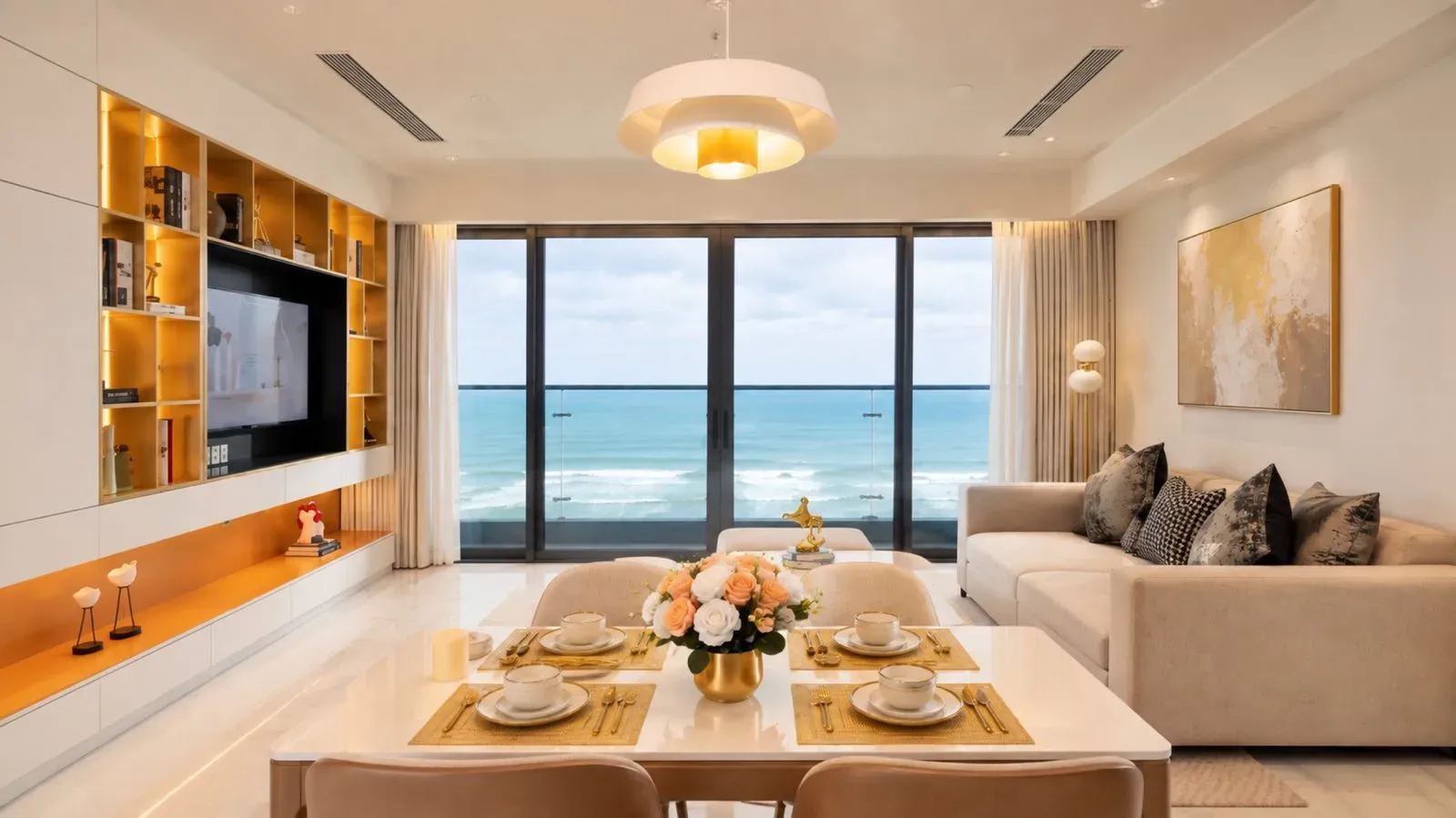 Phòng khách căn mẫu nhìn ra biển Mỹ Khê, FUTA Residence