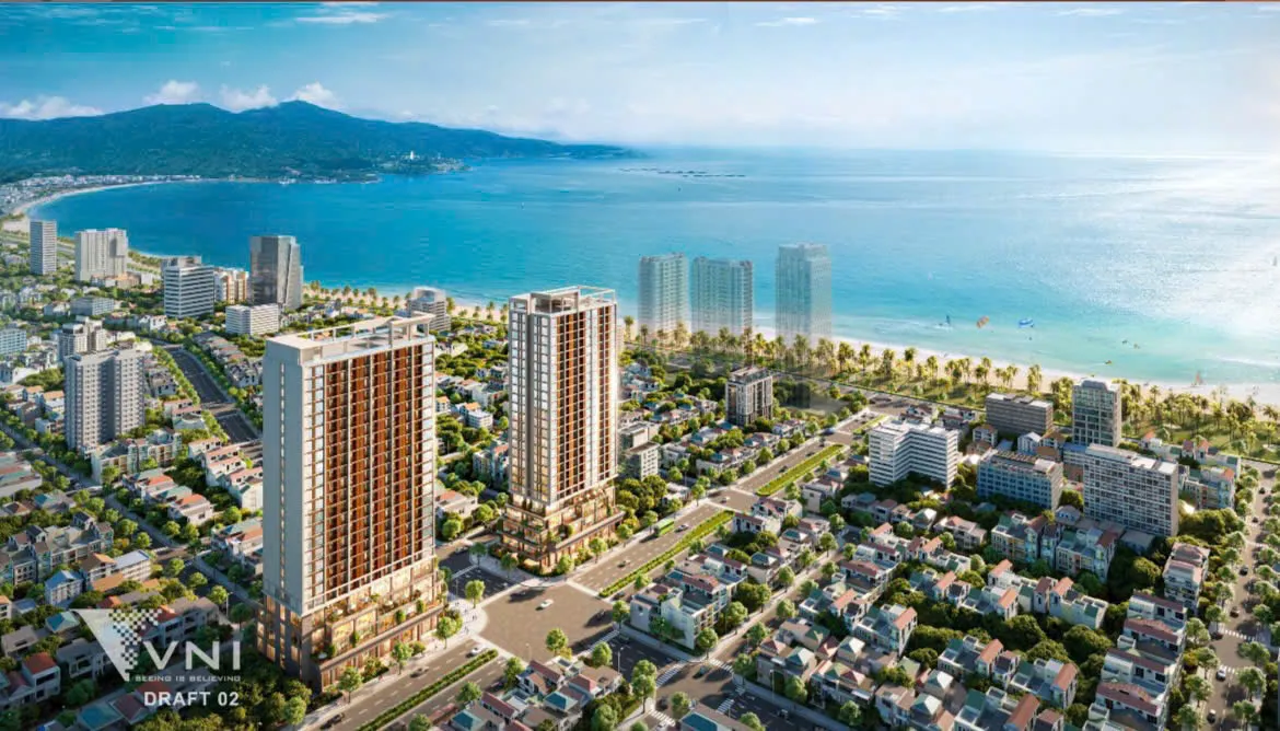 Phối cảnh hai tòa tháp nhìn về phía biển Mỹ Khê và bán đảo Sơn Trà