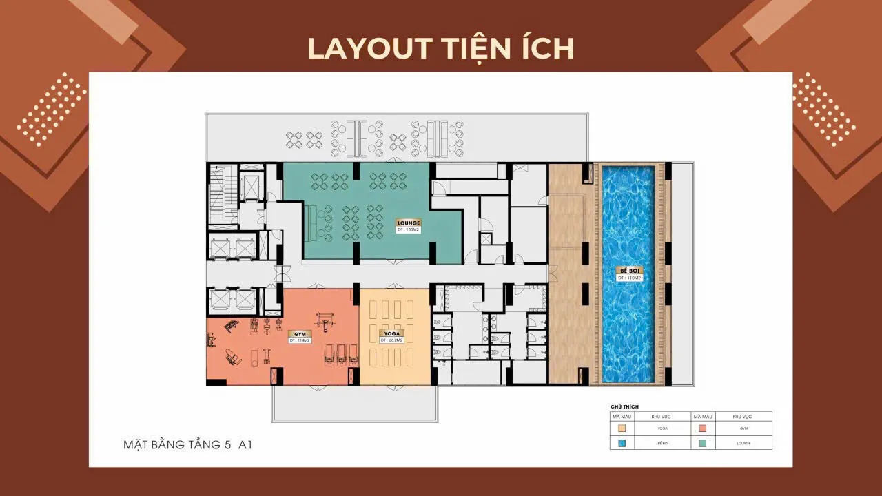 Mặt bằng tầng 5 tòa A1: bể bơi, gym, yoga, lounge