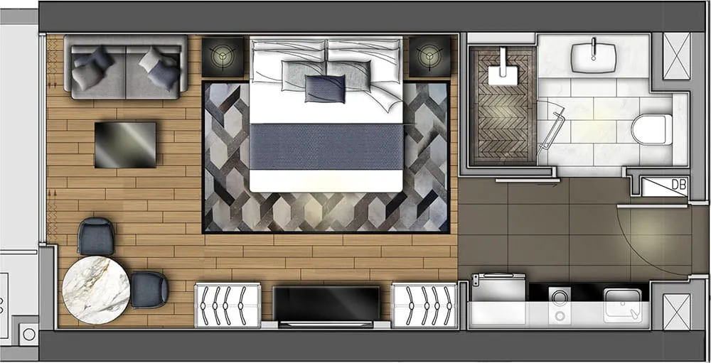 Mặt bằng bố trí nội thất căn studio Wyndham Soleil Đà Nẵng
